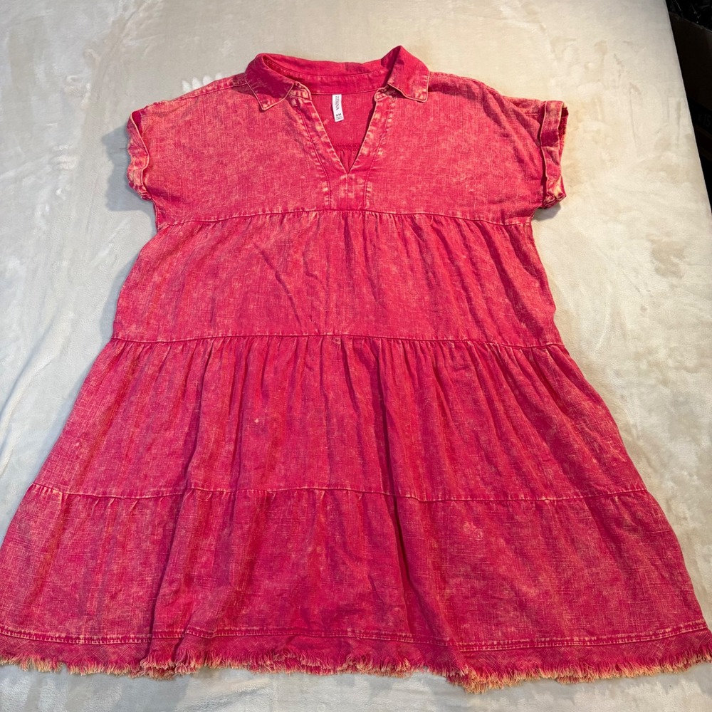 Zenana Pink Acid Wash Tiered Linen Blend Mini Dress QSW-7126A S/M